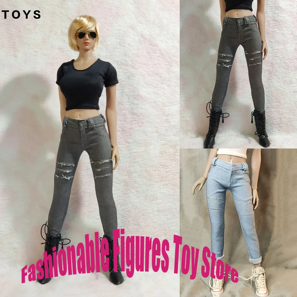 

1/6 Women Soldier Jean Pants Stretch Skinny Ripped Hole Pencil Denim Trousers Accessory For 12" Action Figure Body Model Dolls