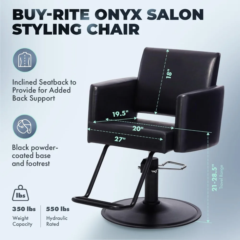 Salon Styling Chair - Modern Chair for Hair Stylists - Premium Black Vinyl, Inclined Open Seat-Back, Black Base and Strong Frame