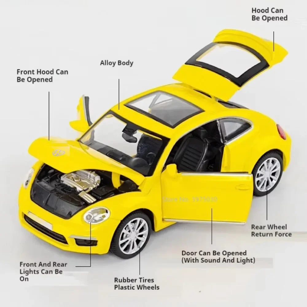 1:32 Model Samochodu Beetle z Odlewu Stopu Metali, Zabawka z Dźwiękiem i Światłem, Miniaturowy Model z Otwieranymi Drzwiami, Autko z Napędem Pull Back do Dekoracji