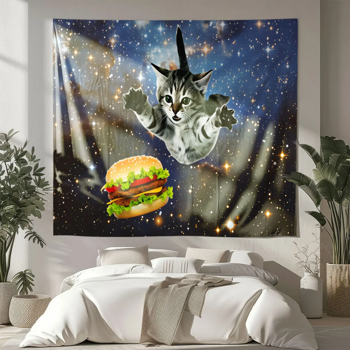 1pc Funny Space Cat Burger Print 90g Tapestry Multi Size Background Wall Decoration Space Pendant Gift Background Cloth
