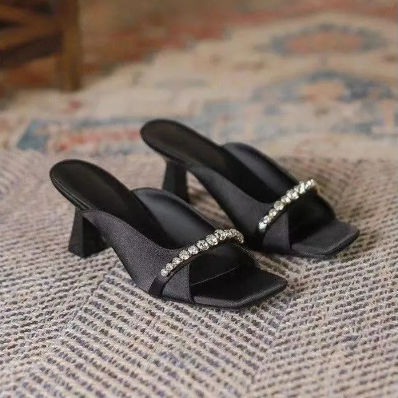 

Women's Rhinestone Square-Toe One-Strap High Heel Sandals Open Toe Champagne Color Summer 2026 Fashion Trend Flattering Design