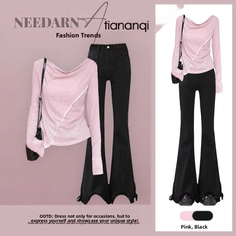 

Faionable Sweet Long Sve High Waist Bell Bot Jeans Two Piece Set Spring 2026 New Arrival Versatile Classic Women's Cl...