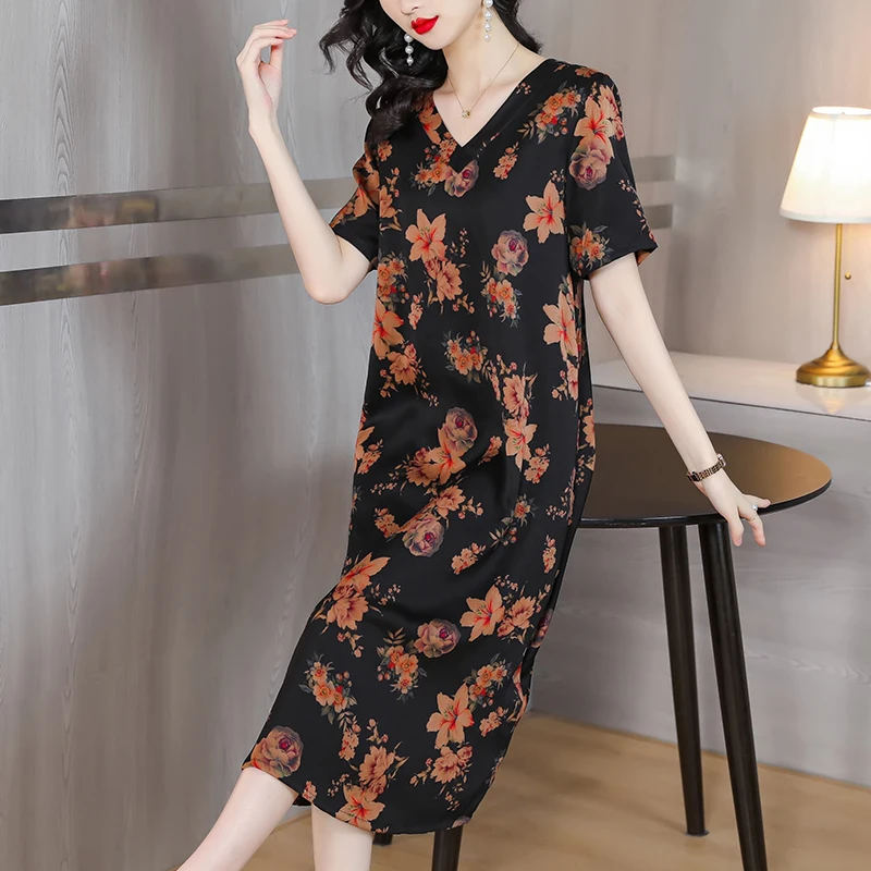 

Summer Fashion Silk Print V-Neck Dress For Women 2023 New Versatile Short Sleeve Loose Fit Casual Holiday Dress Vestidos