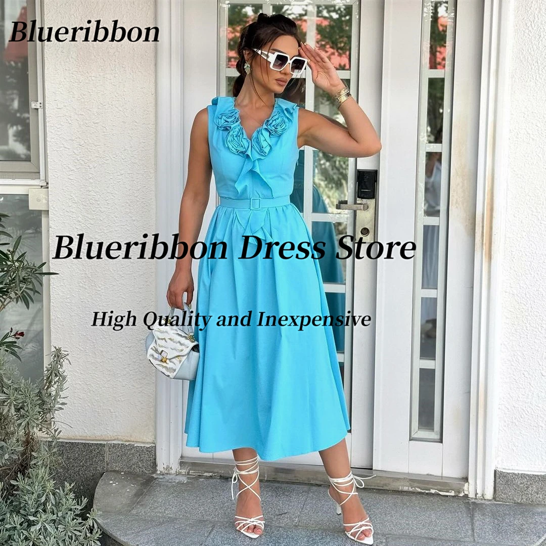 

Blueribbon Office Lady Wear Tea Length Prom Dresses with Sash V Neck Sleeveless Special Party A Line Wedding Guests Dress