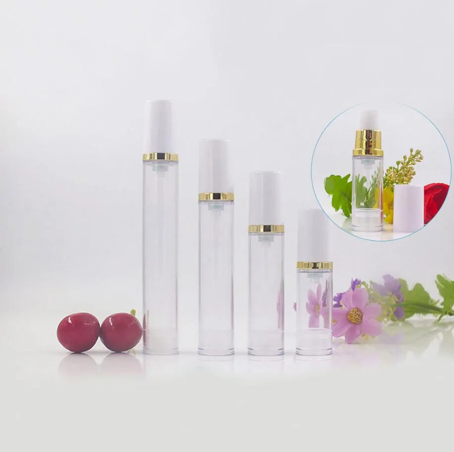 12ml 15ML クリアプラスチックエアレスボトル ゴールドポンプ ホワイト蓋 ローション/エマルジョン/美容液/アイエッセンス ファンデーション 化粧水 化粧品包装