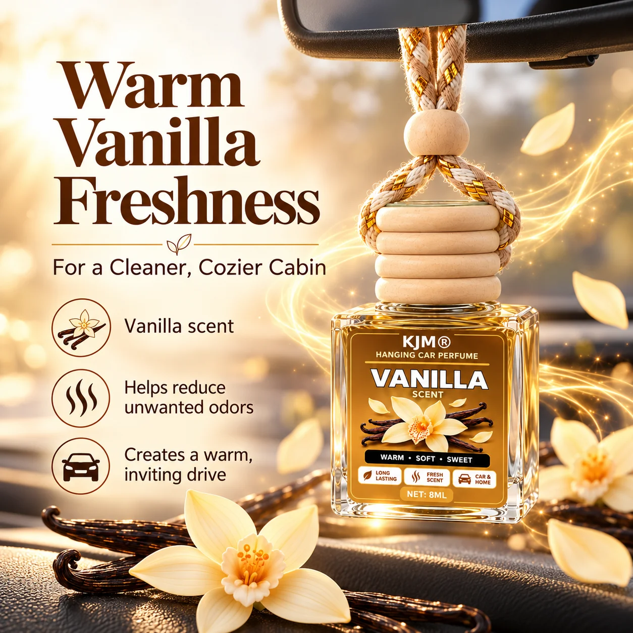 Walleaf Car Perfume Vanilla Wood Hanging Air Freshener Rearview Mirror Fragrance Bottle For Car SUV Truck Office Decor