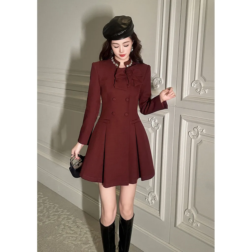 

Mini skirt spring new women's French round neck three-dimensional flower waist high dress