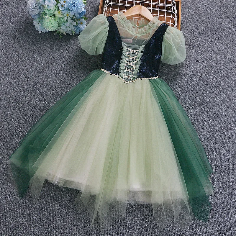 Vestido infantil manga folhada de malha, Cosplay Anna longo, roupa de bebê, vestido feminino infantil, vestidos verdes, 2 a 10 anos, garotinha, 2024