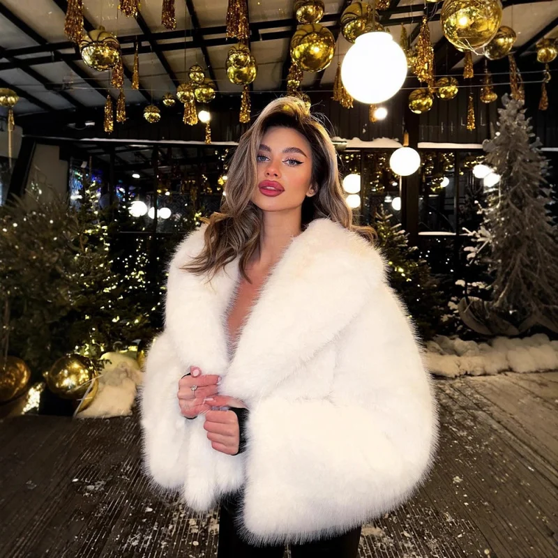 QICHE Women Lapel Faux Fur Coat Autumn Winter Shawl Collar Eco Faux Fox Fur Jacket Artificial Fur Outerwear