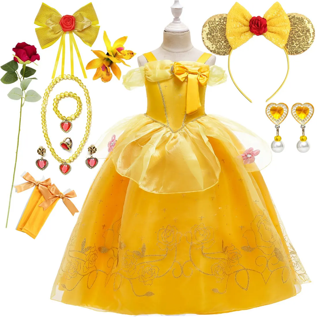 

Disney Beauty and The Beast Belle Princess Dress For Girl Girls Party Strap Yellow Belle Princess Cute Lace Dress + Flower Set
