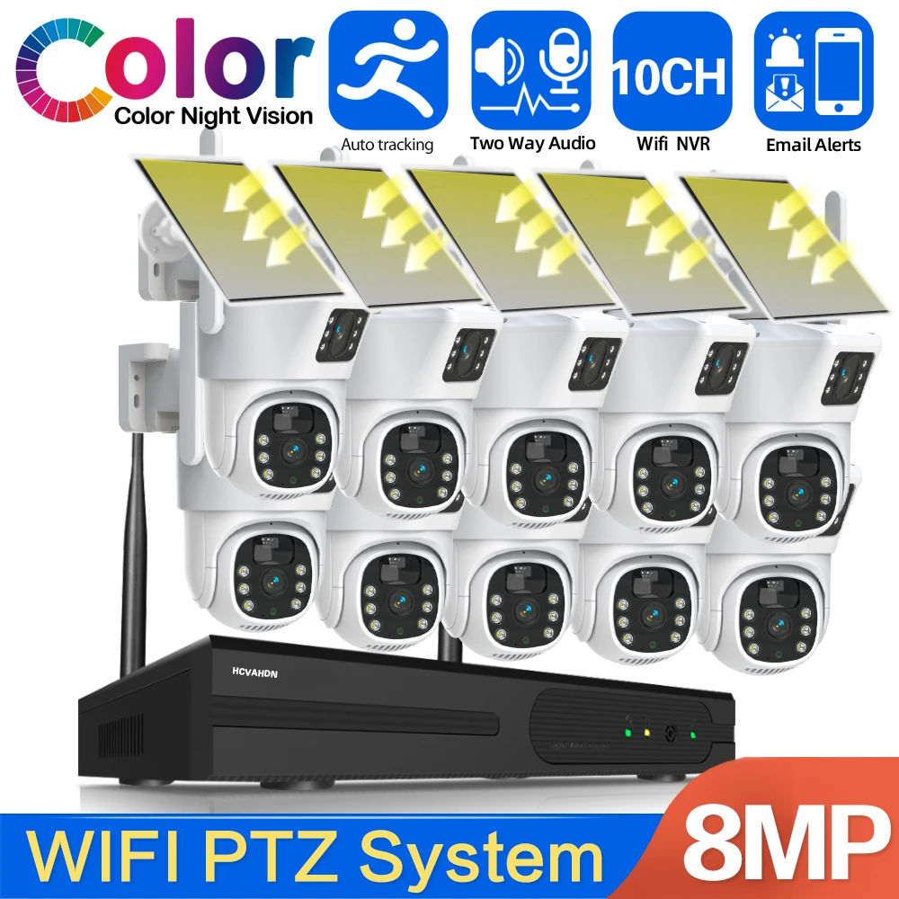 

5MP 10 Channels Wireless NVR Kit Outdoor Dual Lens Auto Tracking PTZ Solar Network CCTV Surveillance Security Camera System 4K