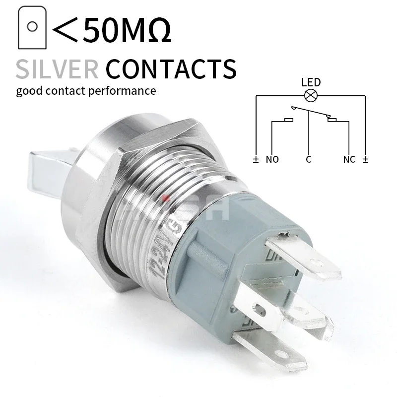 16mm  Self-locking ON-OFF Slide Power High Current Metal Toggle Switch Waterproof Push Button 2 Positions 1NO1NC Illuminated Led
