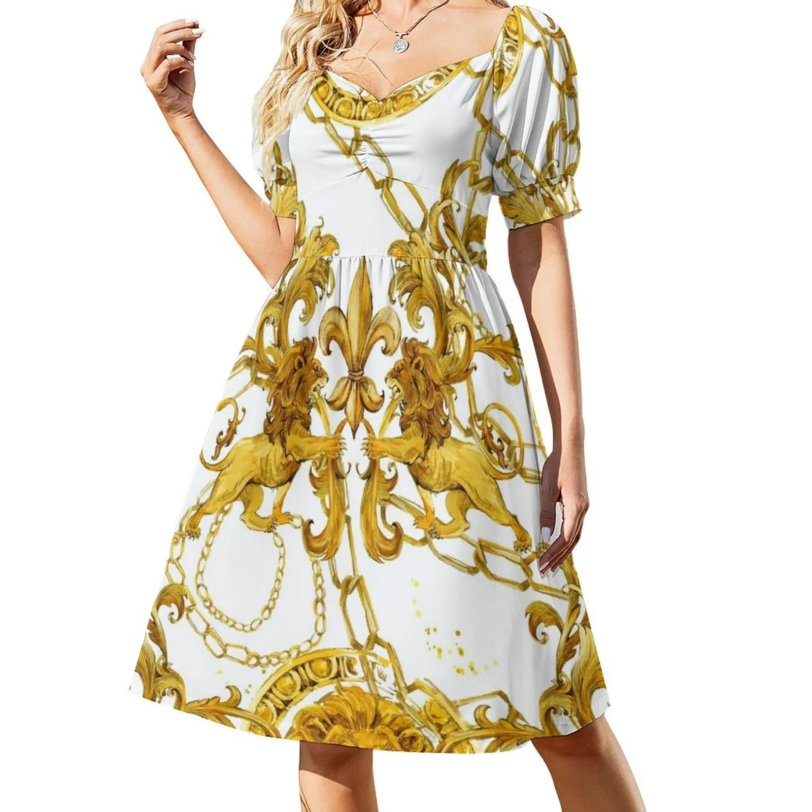 

golden lion baroque seamless pattern. Watercolor vintage gold lace ornament. luxury textile print Short-Sleeved Dress