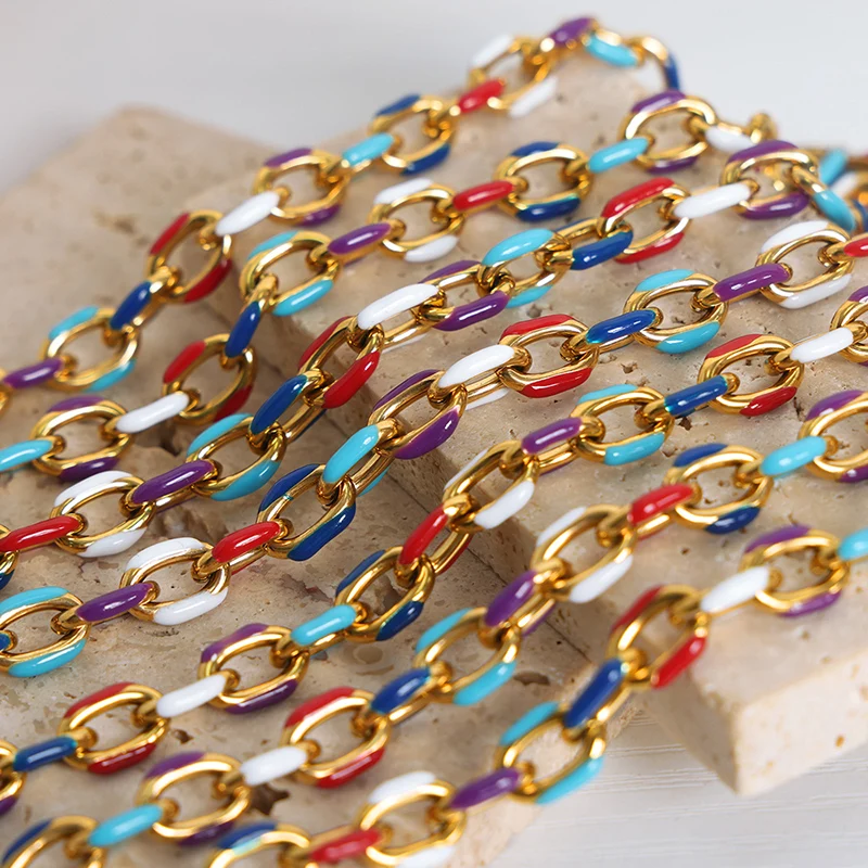 Liora Heavy 316L Stainless Steel O Chain Necklace Bracelet For Women Men Colorful Enamel Link Charm Waterproof Jewelry Sets