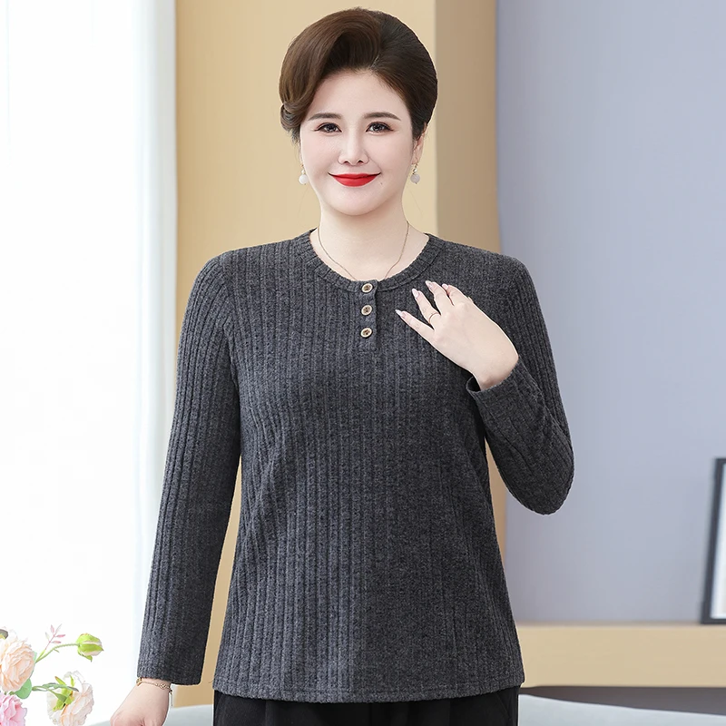 حجم كبير محبوك طويل Sve تي شيرت ربيع الخريف Sle للنساء الأكبر سنا طبقة قاعدة مريحة irt حجم كبير لباس غير رسمي