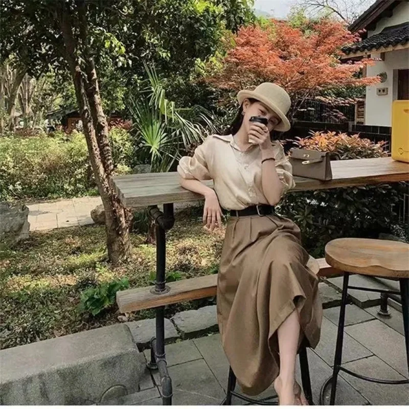 Women New Long Sleeved Shirt Skirt Two Piece Set 2025 Design Sense Female Korean Spring Solid Long Sleeved Shirt Skirts Outfit