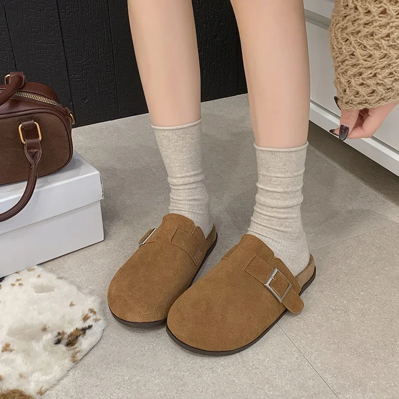 Fashion Flat Shoes Non-slip Comfortable Women Bokken Slippers Spring Autumn Anti-elastic Skin Buckle Decoration Women's Shoes