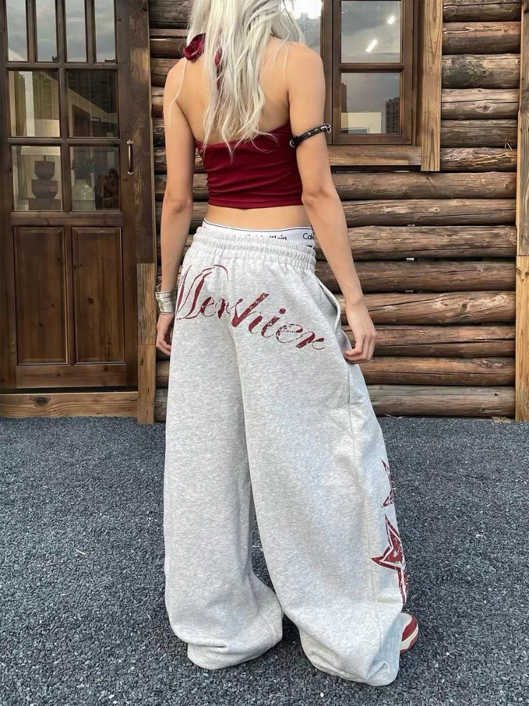 

HOUZHOU Vintage Print Sweatpants Women Hip-hop Gray Grunge Baggy Sports Pants Harajuku Streetwear Casual Oversize Solid Pants