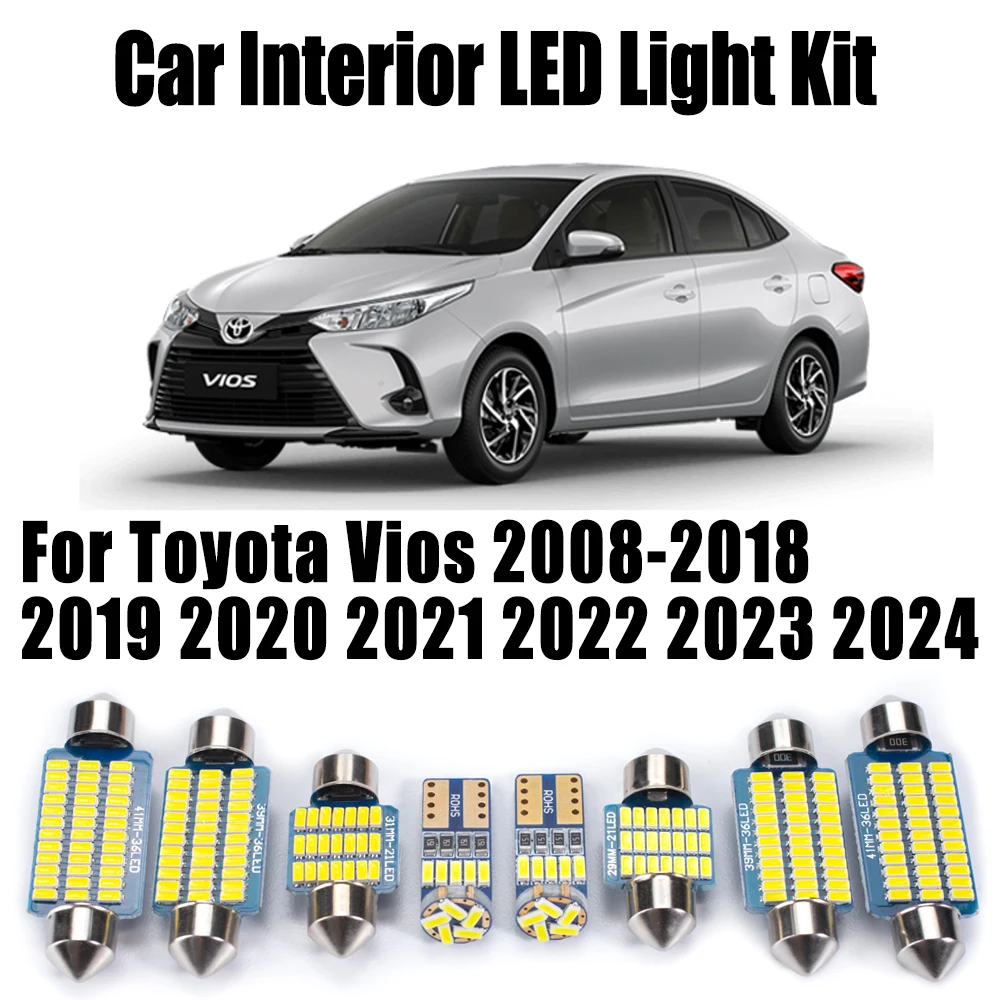 9Pcs LED Interior Ceiling Dome Light Car Number Plate Luggage Bulbs Kit For Toyota Vios 2008- 2018 2019 2020 2021 2022 2023 2024