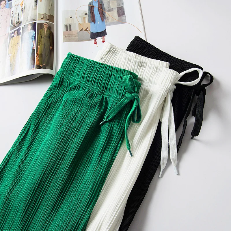 Pantalones verdes de pierna ancha para mujer, pantalón holgado drapeado de cintura alta con cordón, pierna recta informal, mopa The Floo, primavera y otoño, novedad de 2023