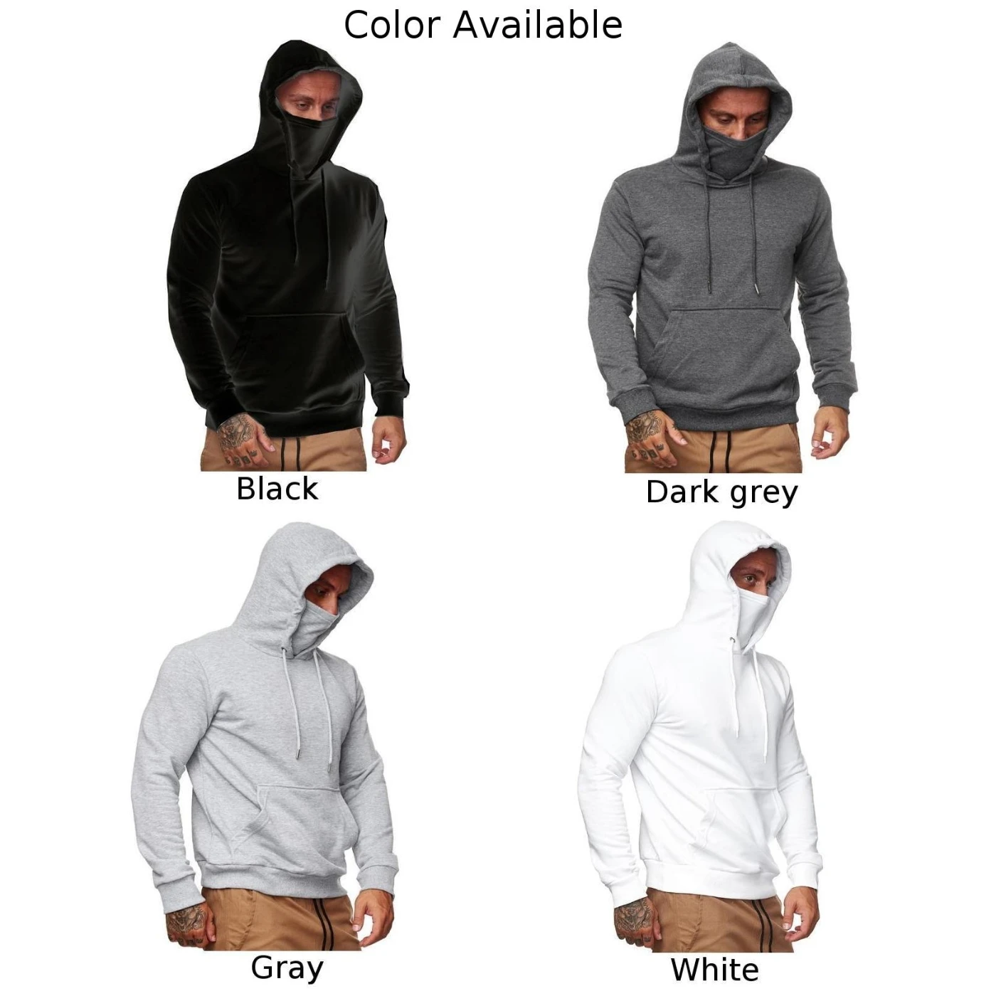 Men\'s Polyester Hooded Hoody with Face Guard Long Sleeve Casual Sweatshirt Pullover Black/White/Grey for All Occasions