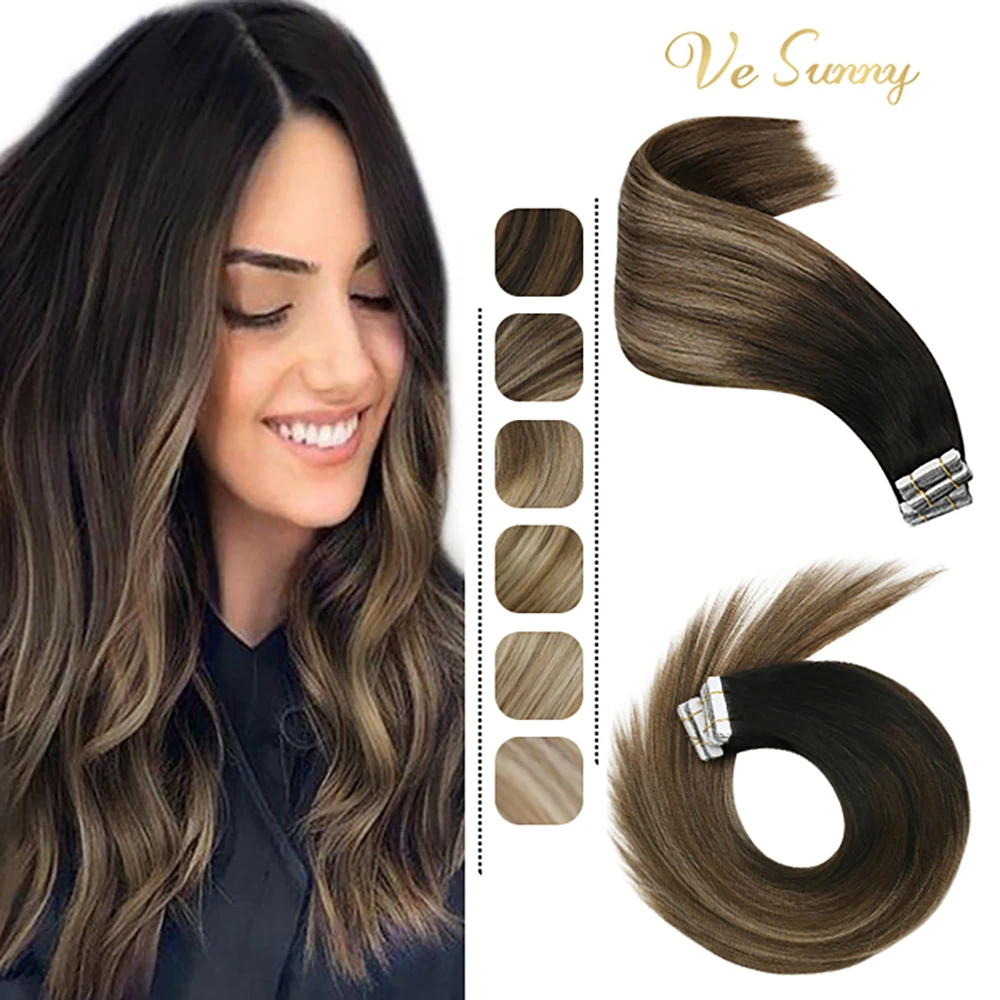 VeSunny Tape in Hair Extensions Human Hair Seamless Skin Weft Hair Extensions Double Sided Balayage Hair Color Adhesive Silky