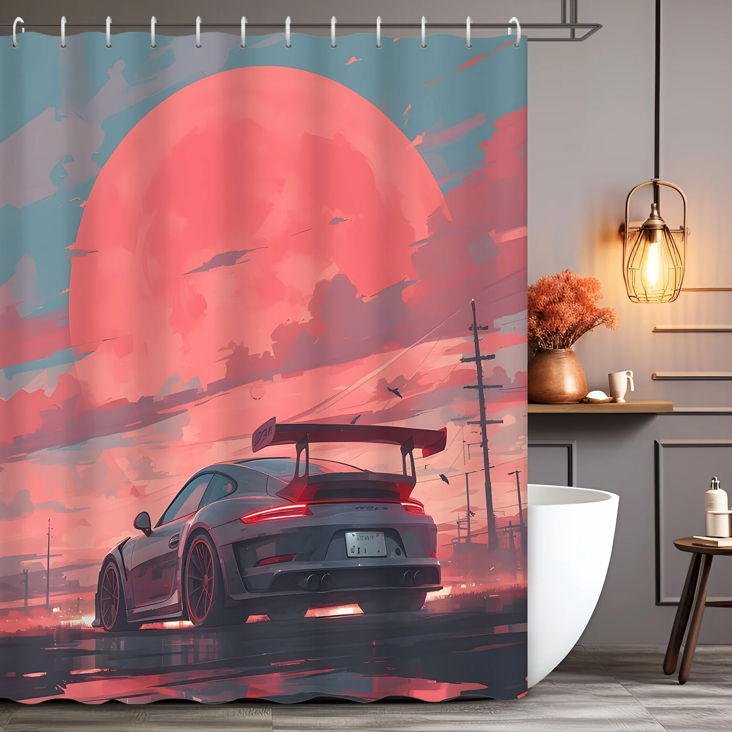 Cool Sports Car Shower Curtain, Red Sunset Racing Vehicle Print Waterproof Bath Curtain, Modern Garage Decor for Men