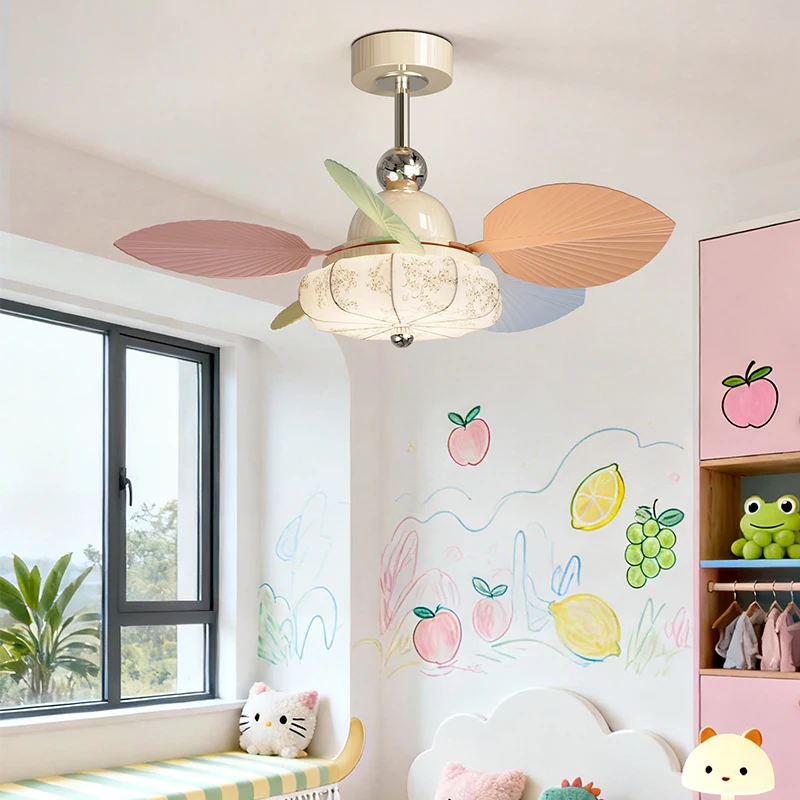 Silent Frequency Conversion Bedroom Fan Light Cream Style Macaron Fan Ceiling Light Dining Table Lighting Integrated Fan Light
