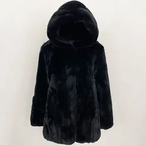 Natural Rabbit Fur Jacket Women 2025 Autumn Winter Real Rabbit Fur Coat Female Warm Hooded Solid Color Black Fur Jacket Women