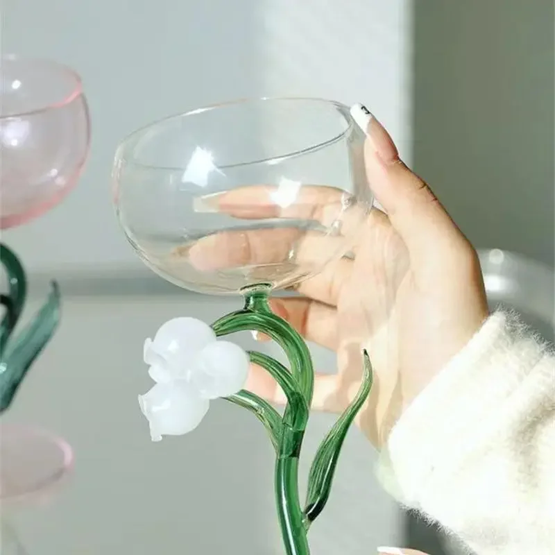 Tall Glass Handmade Lily of The Valley Flower Creative Retro Lily of The Valley High Borosilicate Glass Goblet
