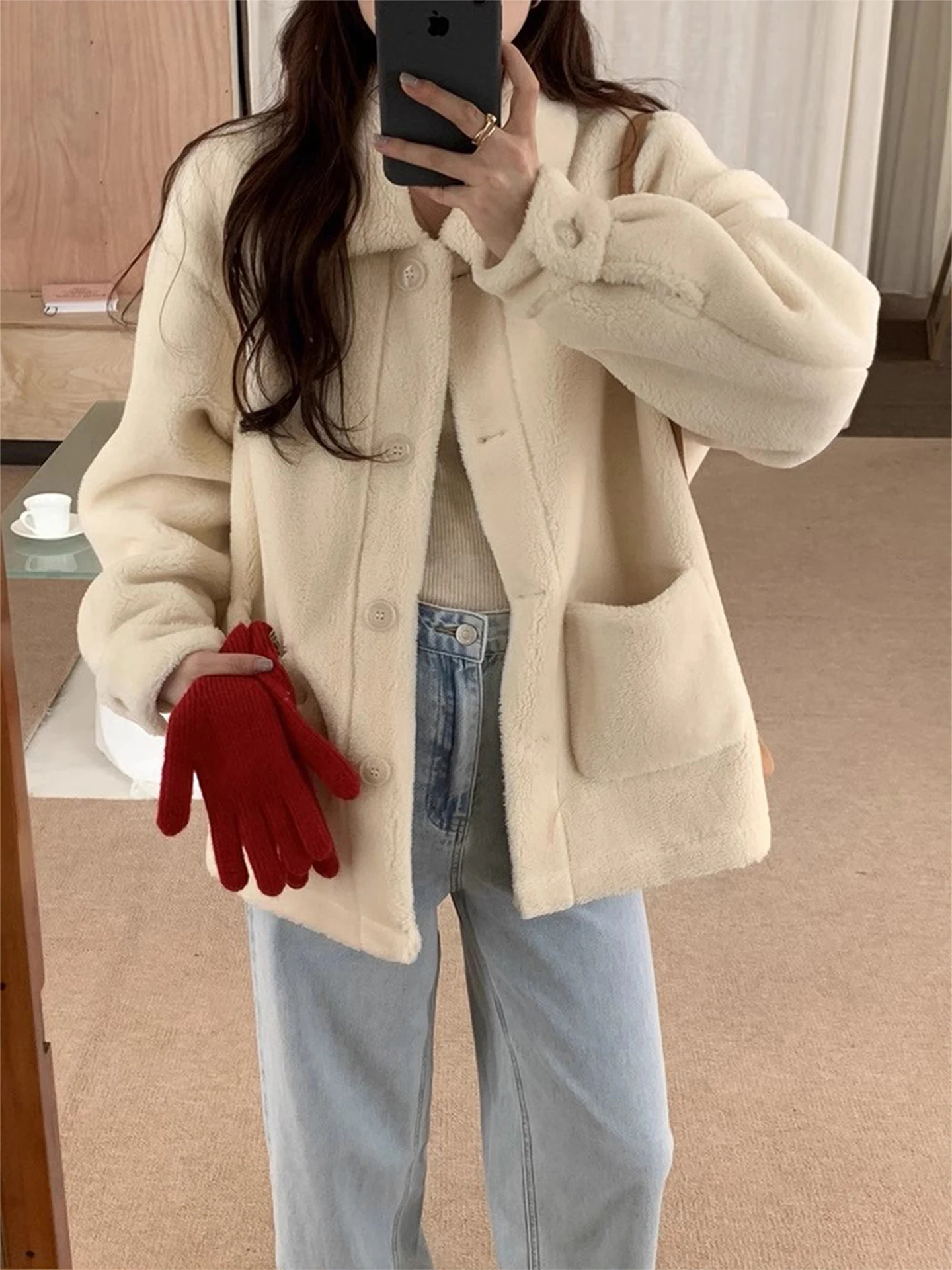 

Lamb Velvet ort Jaet Women's Thiened Winter New Lazy Sle Fur Leather Inteated Cotton Clothes Korean Sle Long Sve