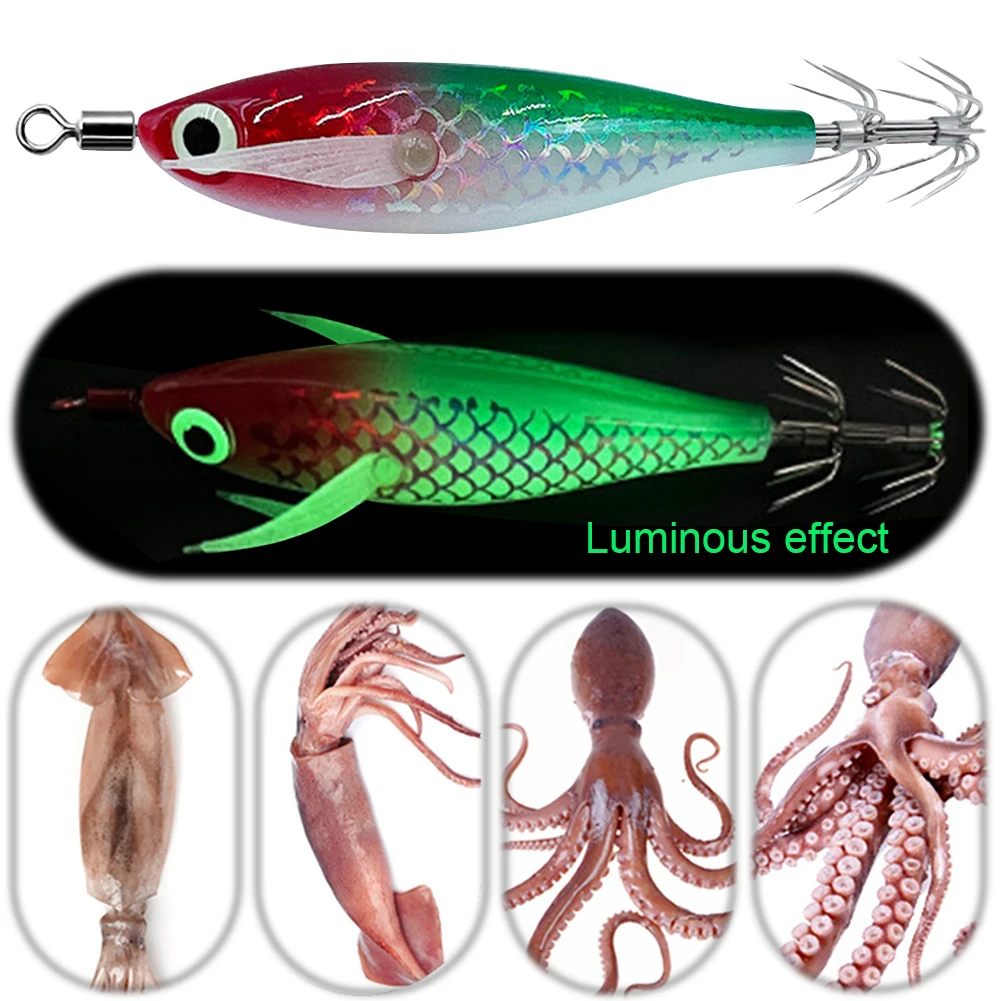 Leuchtender Tintenfischhaken, Tintenfisch-Angelköder, Doppelhaken, im Dunkeln leuchtender Tintenfischköder, künstlicher Oktopus-Köder für Salzwasser und Süßwasser