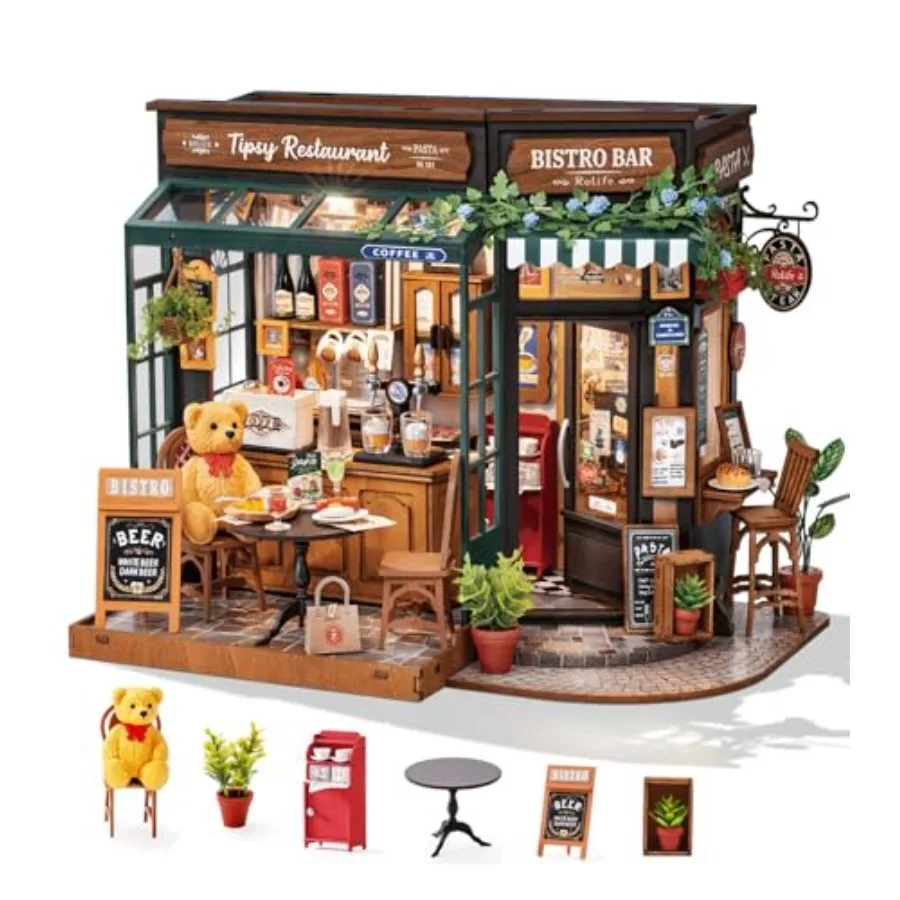 

DIY Miniature House Kit 1:18 CoffeandBar Dollhouse Diorama Model Build Mini House Building Kit with LED Light Hobby Crafts for