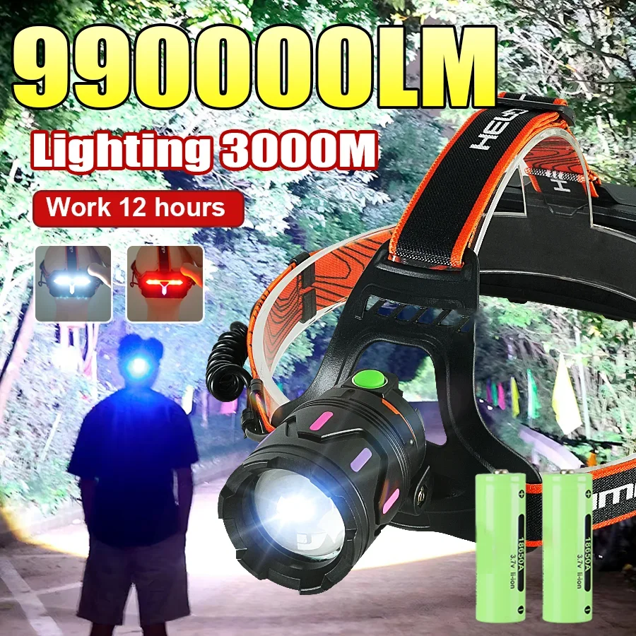 

Самый мощный светодиодный налобный фонарь 900000LM, перезаряжаемый, с зумом, 3 режима, яркий свет, дальность 3000м, с флуоресцентной подсветкой