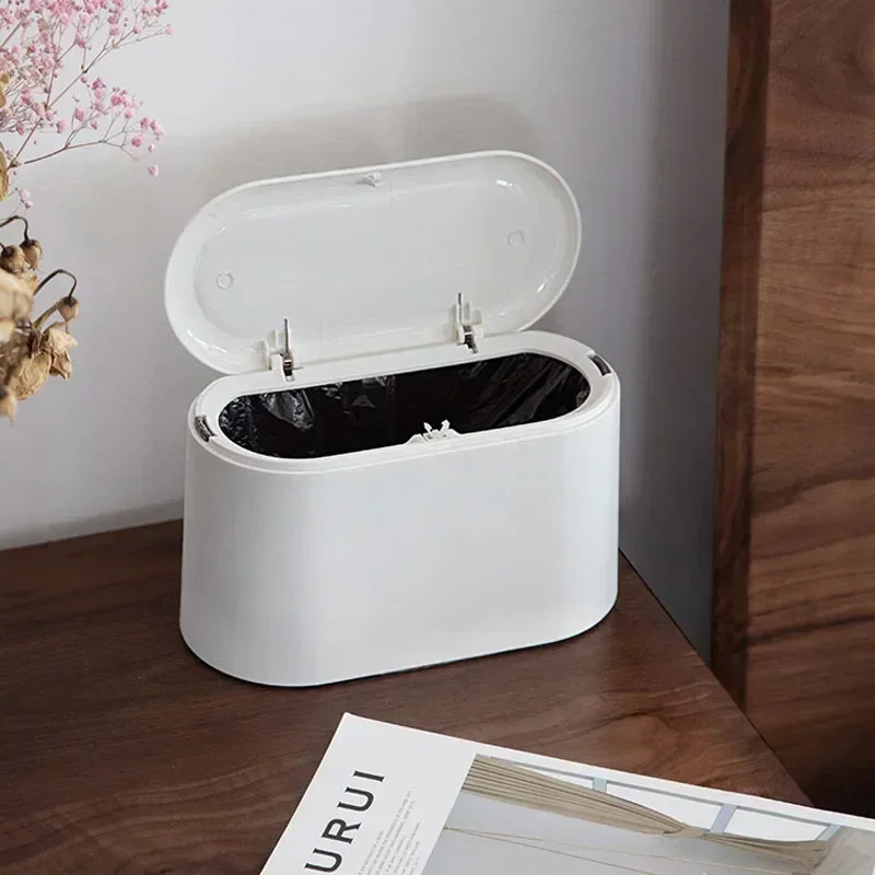 Simple Desktop Trash Bin Mini Durable Storage Bucket Can Automatic Pop-up Lid For Dressing Tables Home Office Garbage Bucket