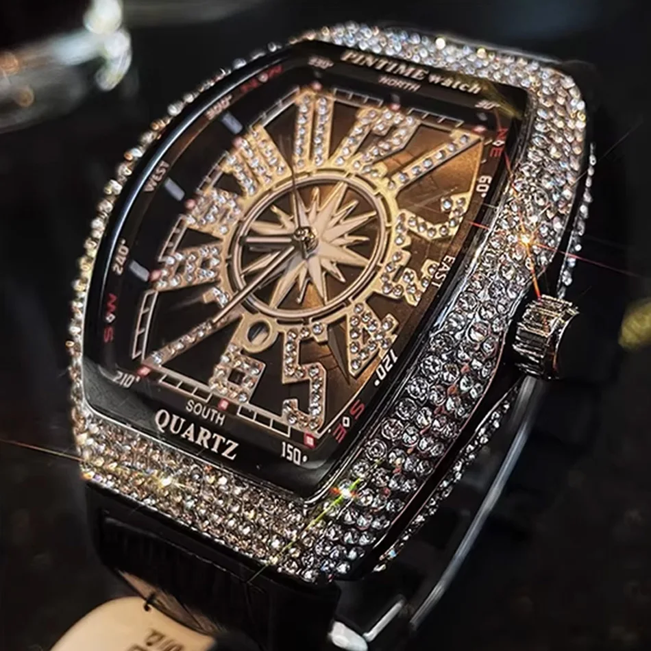 

Крутые мужские часы, мужские кварцевые наручные часы с кожаным ремешком, роскошные черные часы с бриллиантами, большой циферблат, арабские цифры