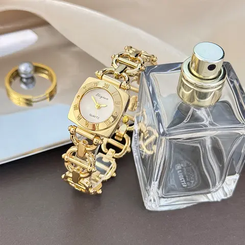 High-End Women's Skeleton Design Watch Square Roman Hour Markers Light Luxury Fashion Cross-Border Best-Seller Ladies Watch