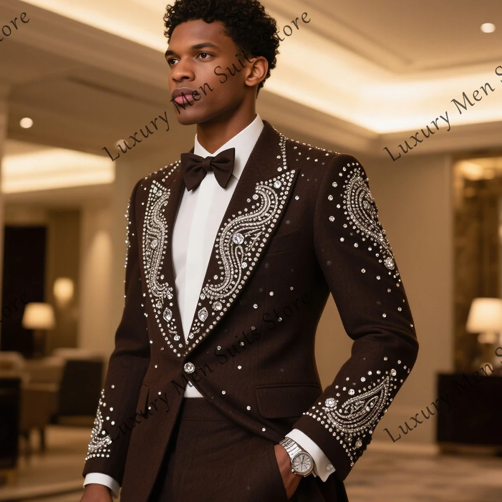 

Unique Jewelry Male Suits 2 Pieces Wedding Groom Rhinestone Tuxedos for Men Customized Blazer Pants jaqueta masculina couro