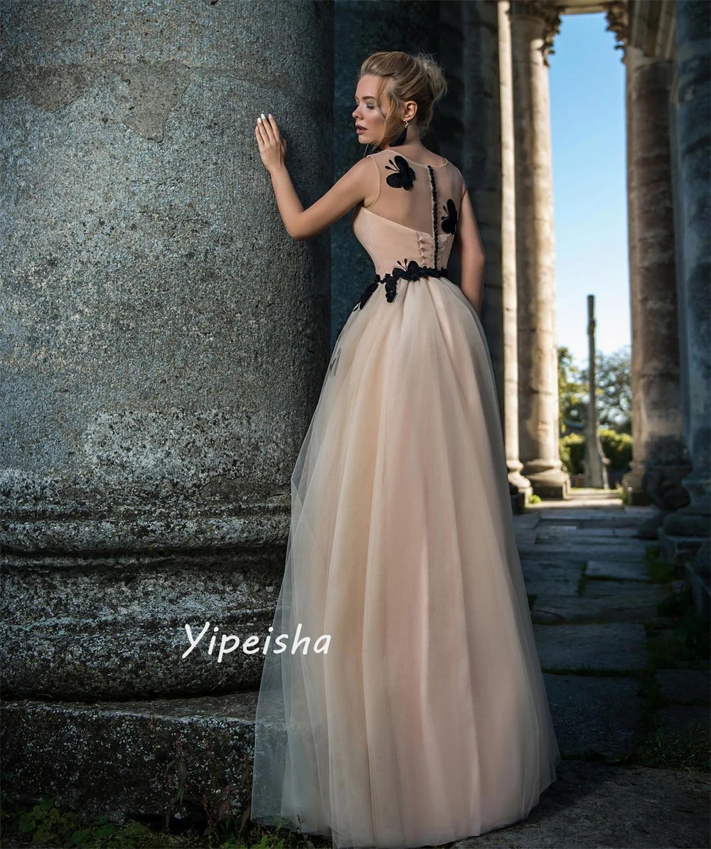 Jiayigong  Prom Exquisite Classic Formal Evening O-Neck  Gown Appliques Draped Floor-Length Tulle Dresses