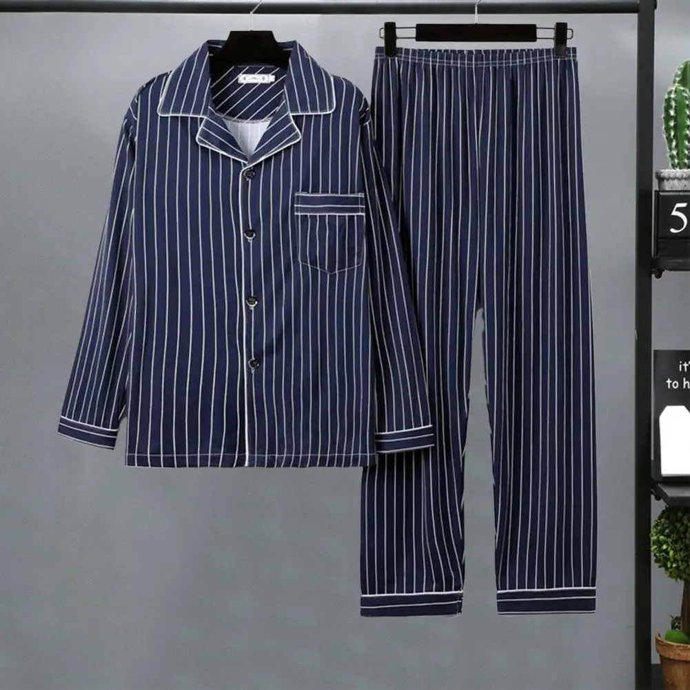 Cozy Polyester Pajamas Men's Fall Winter Pajamas Set with Striped Plaid Print Color Matching Lapel Single-breasted Long Sleeve