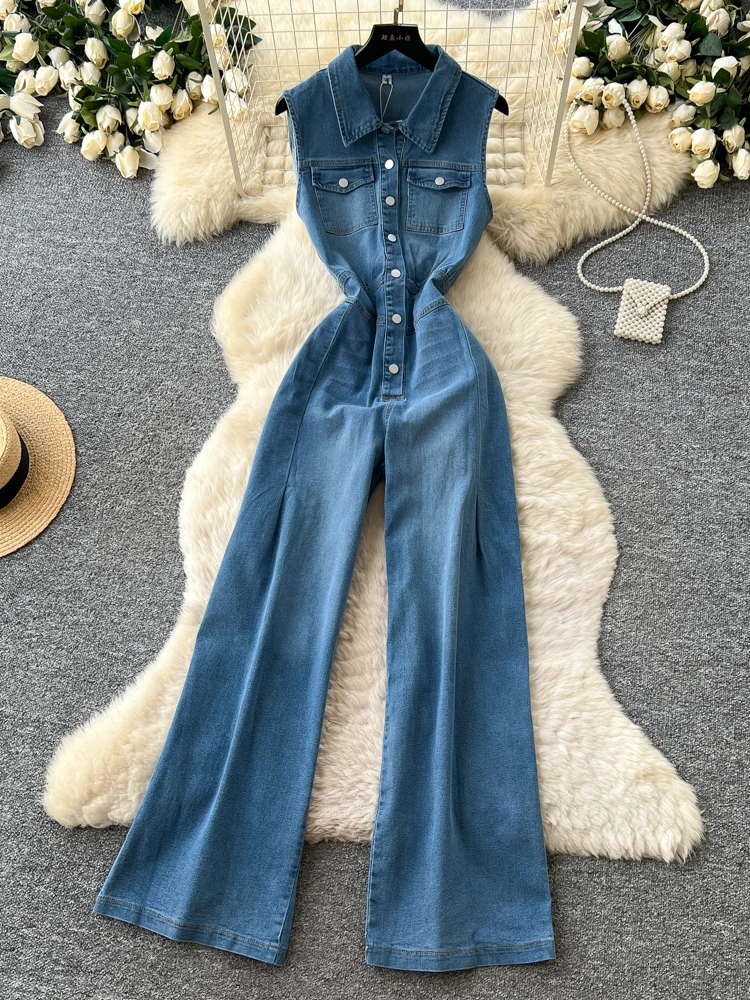 

Casual Slim Fit Denim Overalls Women Summer Straight Leg Long Pants Sleeveless Collared Button High Waist Slimming Effect