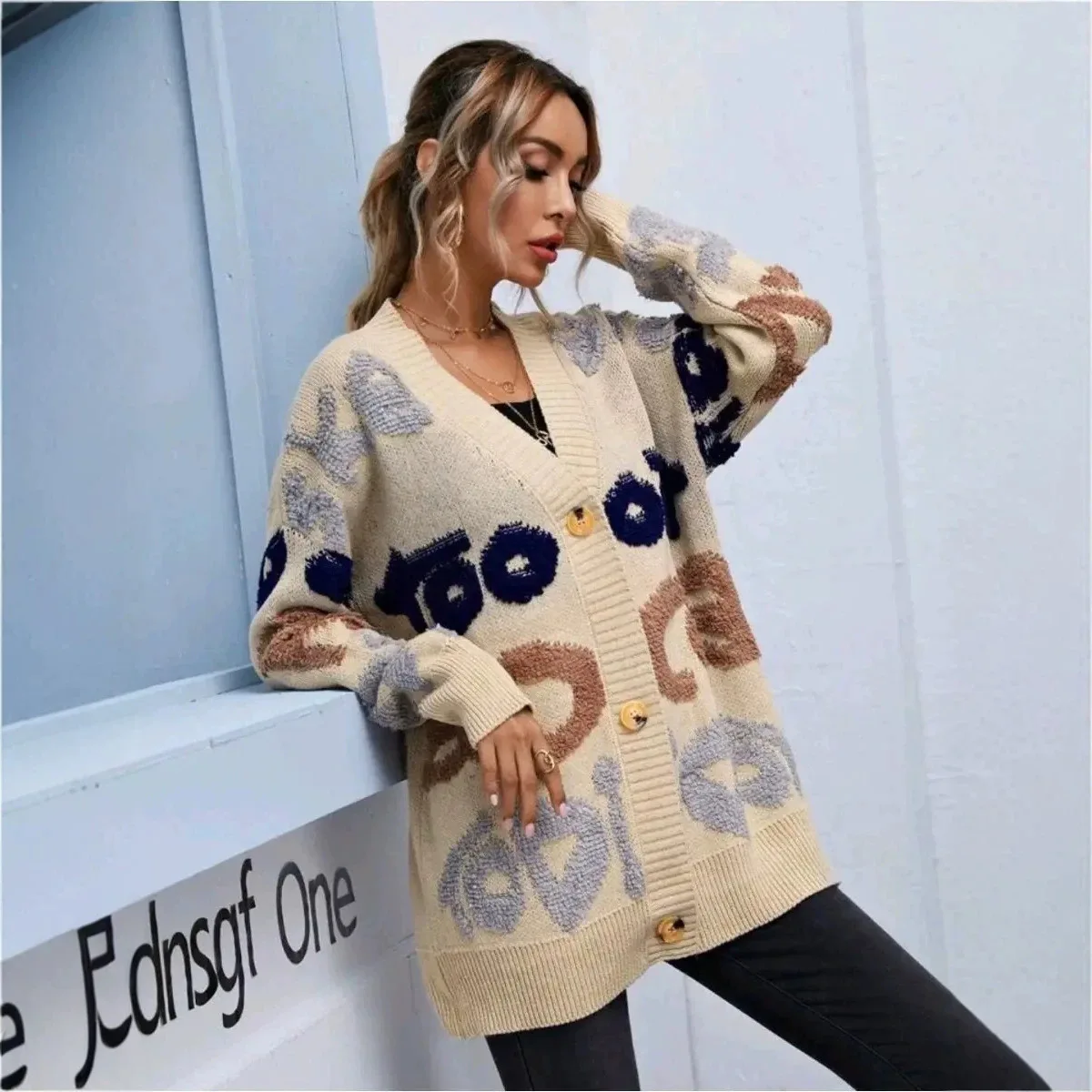 Cardigan Women Knitted Coats V Neck Full Sleeve Print Letter Coat Sweaters Jumpers Elegant Splice Autumn Winter Open Stitch