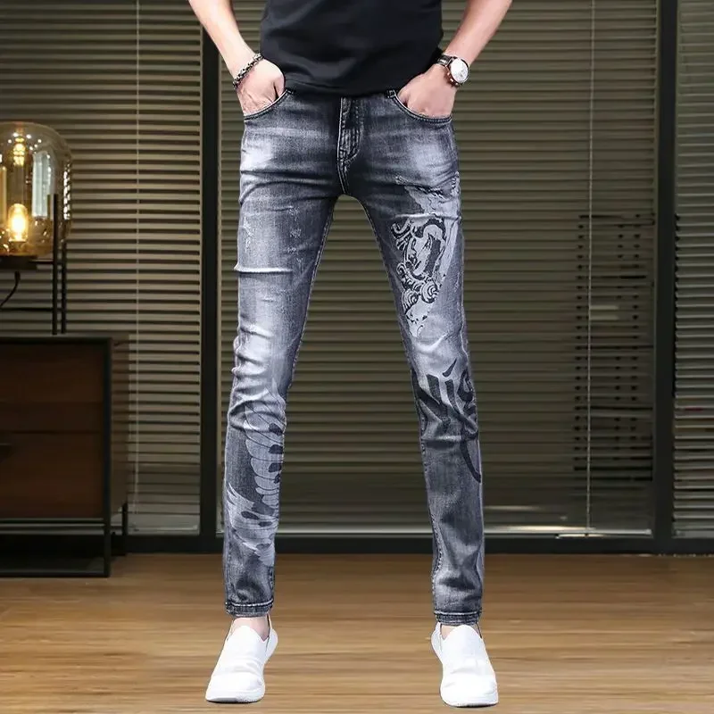 Korea Version Men’s Light Luxury Gray Jean, High Quality Slim Stretch Jeans,Print Casual Jeans,Sexy Stylish Street Jeans;