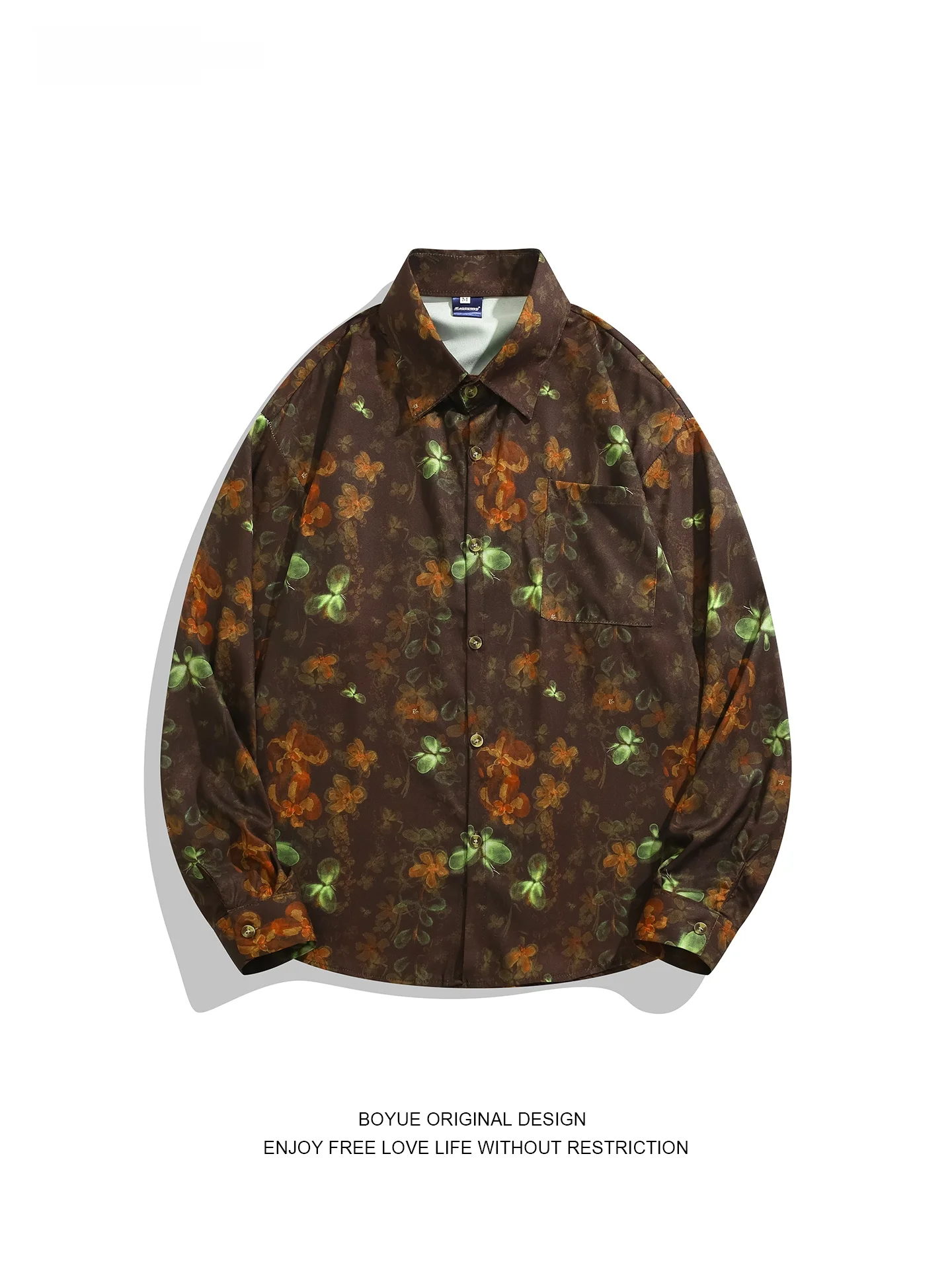 

Boyue Retro Floral Print Long Sve irt ex Loose Street Sle Casual Loose Fit Button up Top Men's Women's Clothing