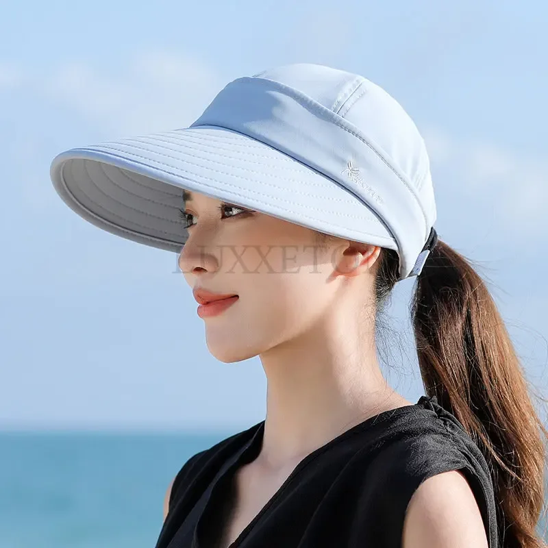 Summer Women Ponytail Empty Top Cap Wide Brim Anti-UV Bowknot Beach Hat Ladies Foldable Zipper Decoration Travel Sunscreen Caps