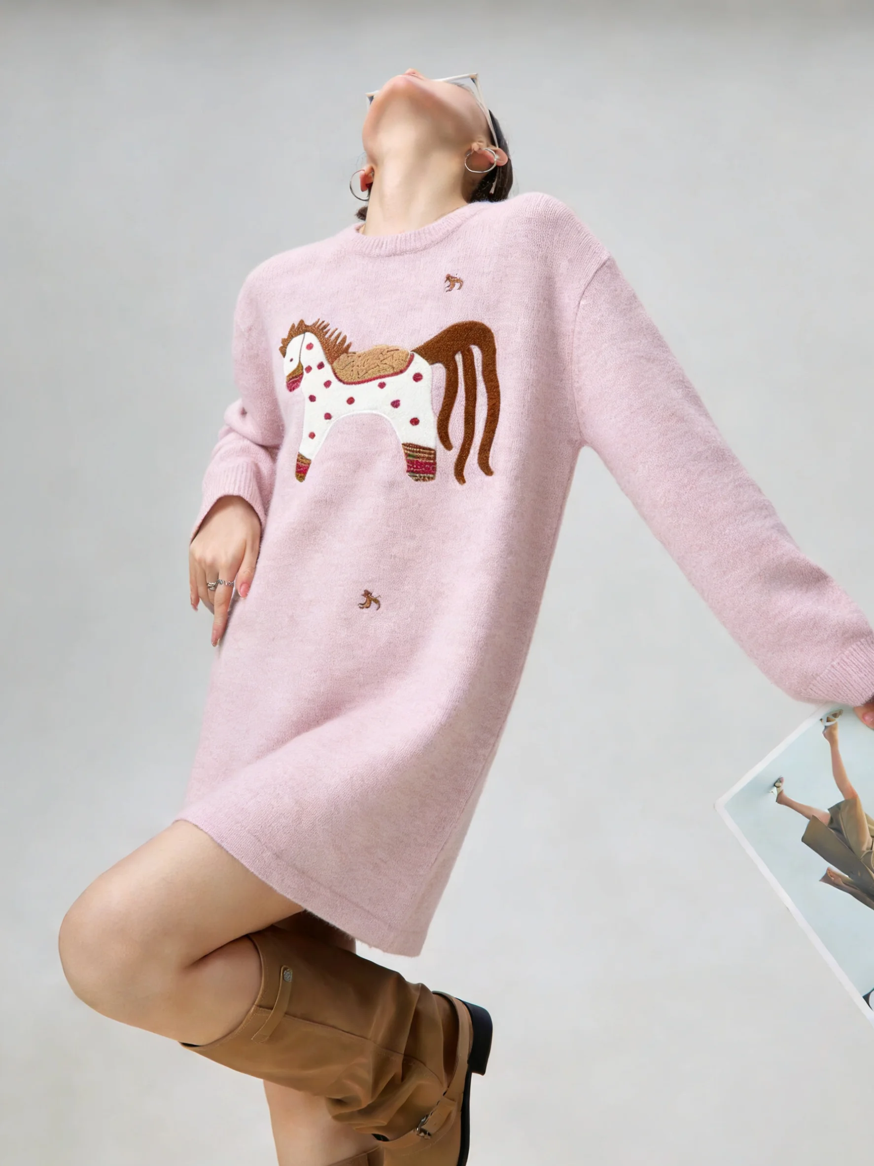 

Pink round Ne Pattern Dr Spring New Sle Commute Sle High Waist A-Line Skirt Long Sve Women's Dr