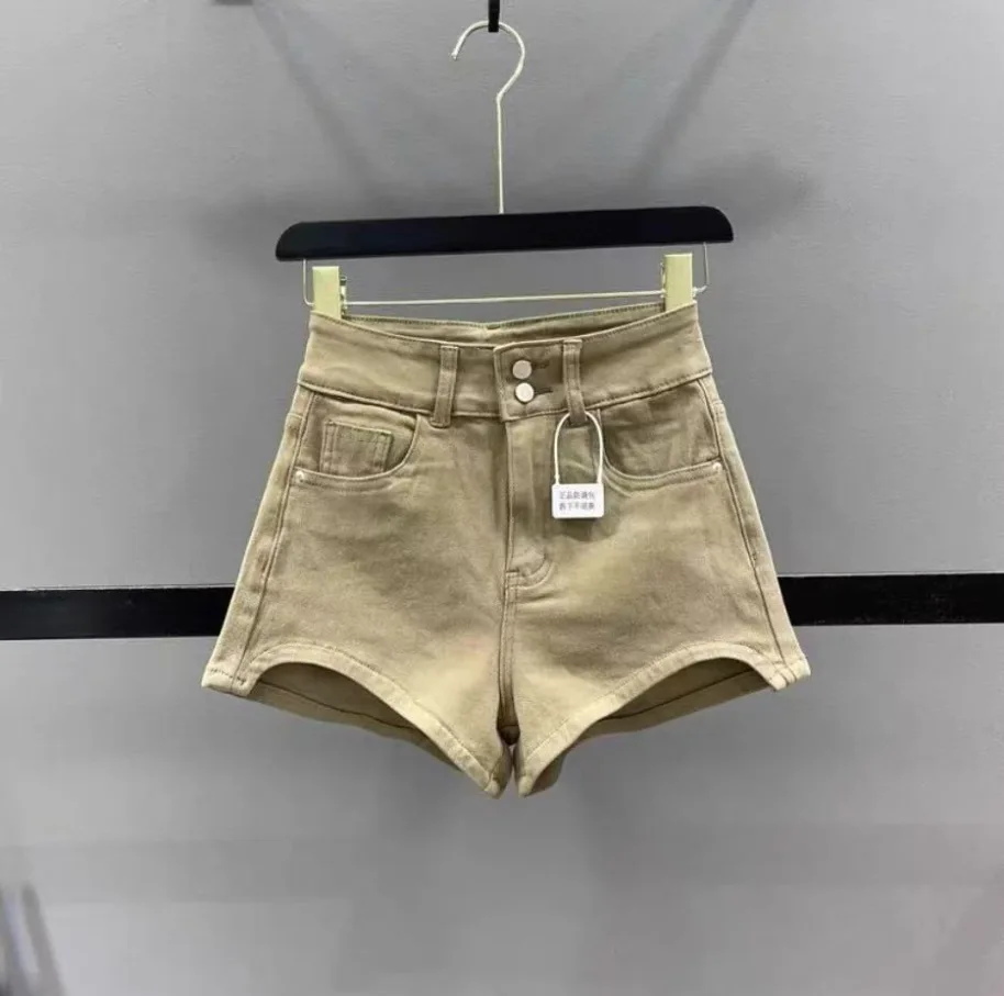 Women's Vintage Leopard Print High Waist Denim Shorts Double Button Curved Hem Sexy Hot Pants with Pockets Summer Streetwear