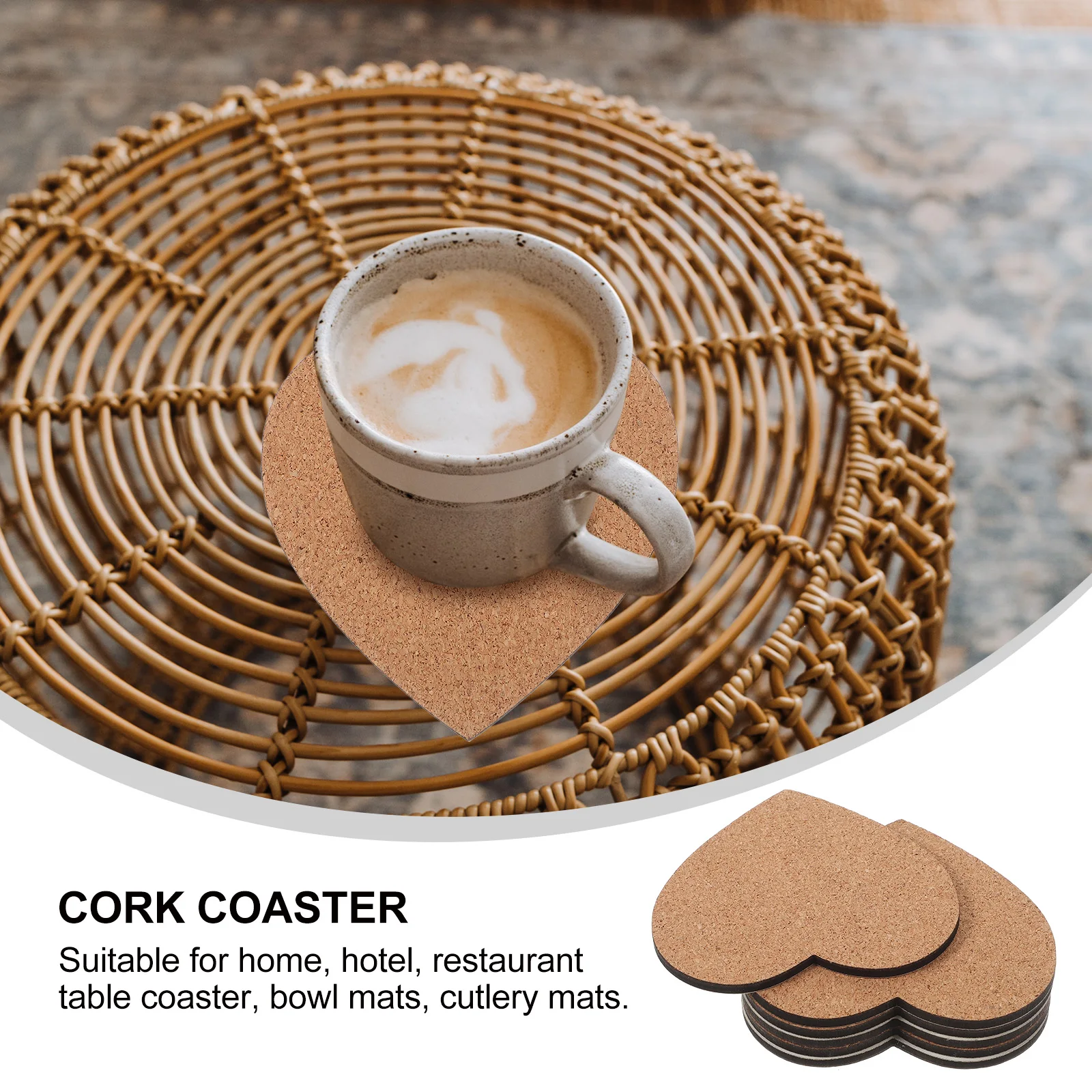 

6pcs Heart Shaped Cork Coaster Set 100x100mm Heat Insulation Drink Coasters for Kitchen Dining Table Home Decoration
