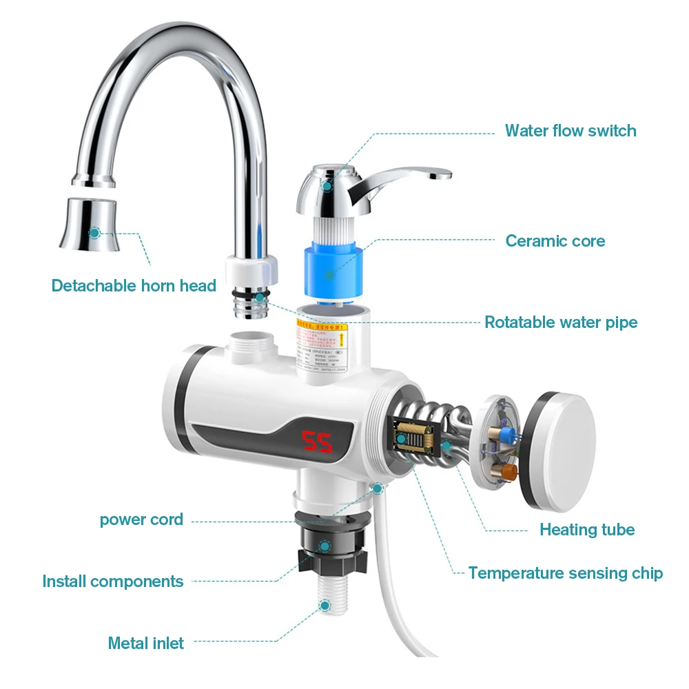 Mini Electric Water Heater Shower 220V 110V 3000W Kitchen Hot Faucet Tankless Instant Heating Faucets Digital Display for Home