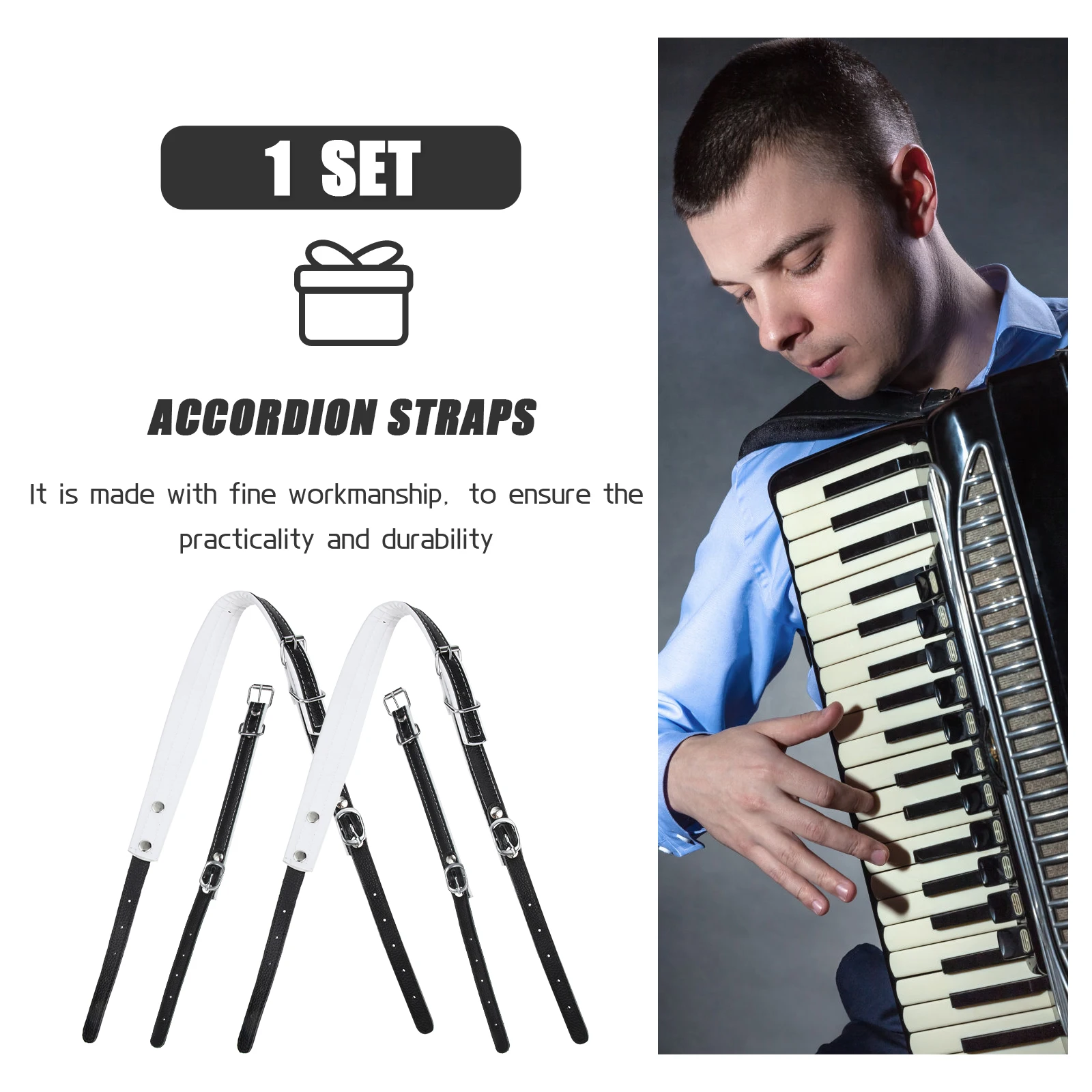 

1 set Premium Accordion Shoulder Strap Adjustable Belt Durable Comfortable Design Black PU For Child Labor-Saving Wear Resistant